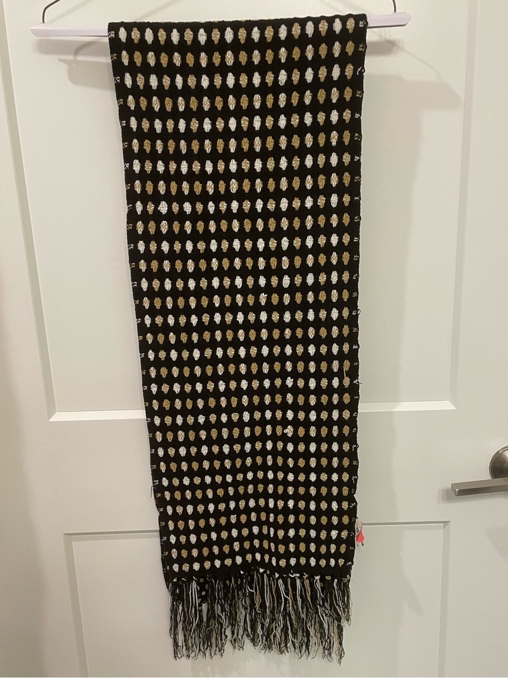 EUC Black, Brown, Creme & Gold Dot Scarf with Fringe at each end